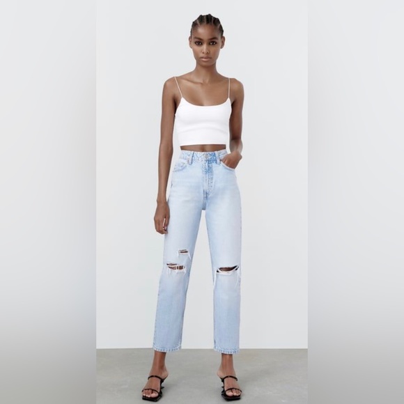 Zara Denim - Zara High Rise Ripped Light Wash Straight Leg Mom Jeans Size 2